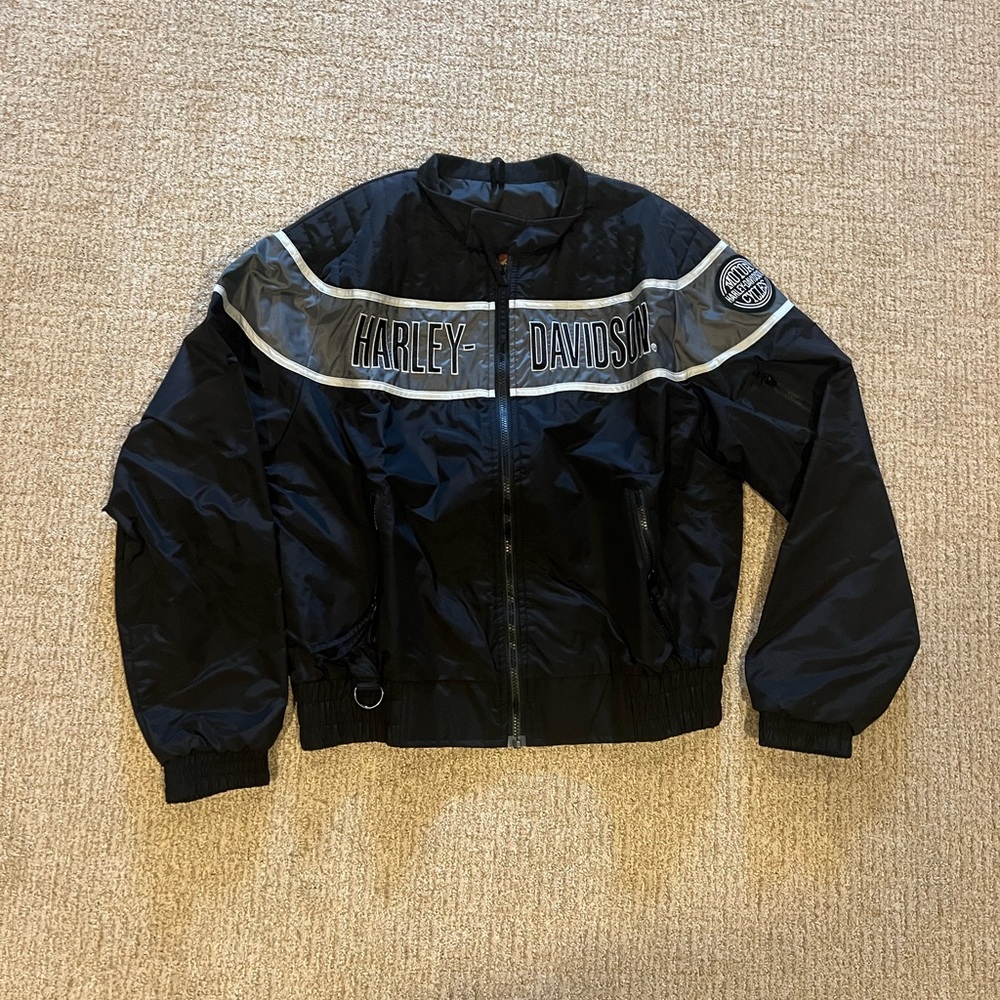 New Harley Davidson Black Bomber Motorcycle Jacket Gray Stripe Embroidered Large